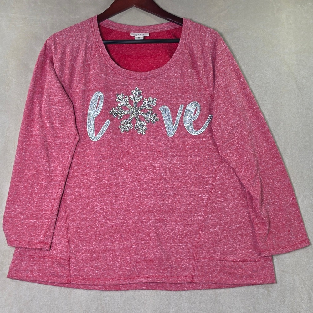 Style & Co Womens XL Red Love Snowflake Beaded Sweatshirt Long Sleeve Raglan